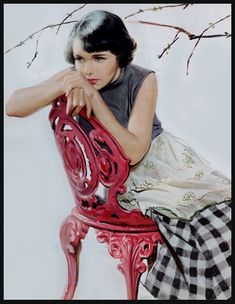 a painting of a woman sitting on a red chair in front of a tree branch