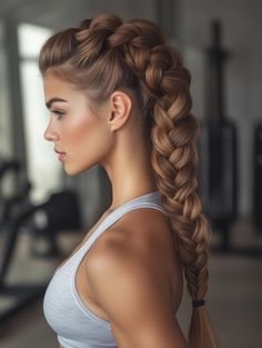 A classic French braid is both timeless and functional for workouts. This style works well for curly hair and long hair, as it secures all of your strands tightly against your head, preventing any distractions while you’re in the zone. Ideal for activities like cycling or Pilates, the French braid adds a touch of elegance to your workout ensemble while being practical enough to endure even the sweatiest sessions. It’s a cute and easy style that you can wear beyond the gym. Braids Low Bun, Hairstyles For Working Out, Workout Hairstyles For Long Hair, Running Hair, Short Long Hair, Bangs Ponytail, Gym Hairstyles, Curly Short