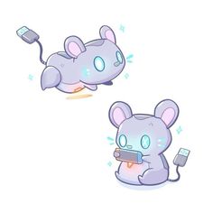 two cartoon mouses sitting next to each other with remote controls in their paws and one holding a cell phone