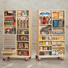 two wooden storage cabinets sitting side by side on casteors with tools and other items in them