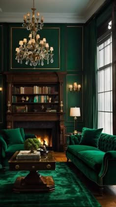 Discover the regal charm of this Victorian library with emerald green walls and a marble fireplace. This Pinterest idea pin showcases a cozy yet elegant space, perfect for vintage decor lovers. Immerse yourself in the timeless beauty and inviting atmosphere of this classic interior.  #ClassicInterior #VictorianHouse #LibraryDesign #EmeraldGreen #MarbleFireplace #VintageHome #HomeDecor #InteriorDesign #PinterestIdeas #VictorianLibrary #CozyVibe Art Deco Dark Interior, Luxury Green Living Room, Dark Green Maximalist Living Room, Green Luxury Living Room, Dark Glam Living Room, Green Maximalist Living Room, Green Art Deco Living Room, 1920s Room Aesthetic, Speakeasy Bedroom