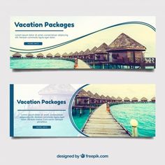 two vacation packages with water and huts in the background