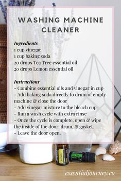 a recipe for washing machine cleaner on a table with lavenders and an empty bottle