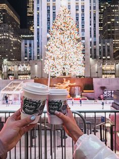 two people holding up coffee cups in front of a christmas tree with lights on it