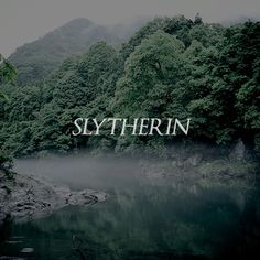 a river surrounded by trees and fog with the word slytherin written over it