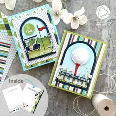 three cards with golf related items on them and some twine spools next to it