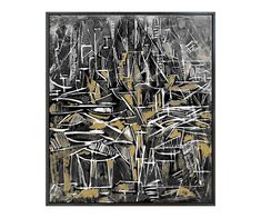 an abstract painting with black, yellow and white colors