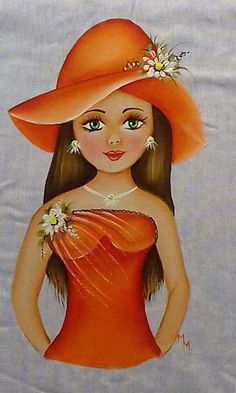 a painting of a woman wearing an orange dress and hat with flowers in her hair