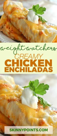 chicken enchiladas with sour cream sauce and parsley on top are the perfect appetizer for any special occasion