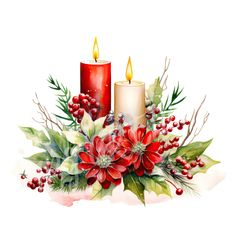 two candles are surrounded by holly and red flowers