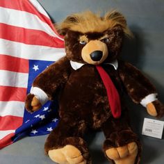 a brown teddy bear sitting next to an american flag