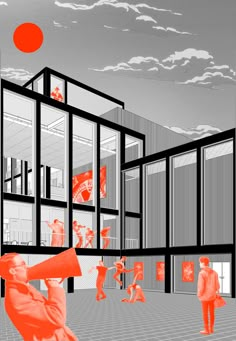 an orange and black drawing of people playing in a room with large windows on the wall