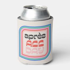 a white can cooler with the words apres and an orange, blue, green, red