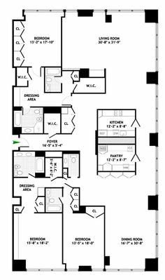 the floor plan for an apartment with three bedroom and two bathroom areas, including one living room