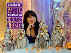 a woman sitting in front of three gnomes with their hands on their chin and the words memory hat family scandinavian gnomes 4 sizes