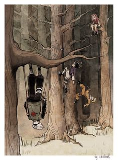 two people hanging upside down in the woods, one is on a swing and another is standing up