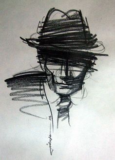 a black and white drawing of a man with a hat on top of his head