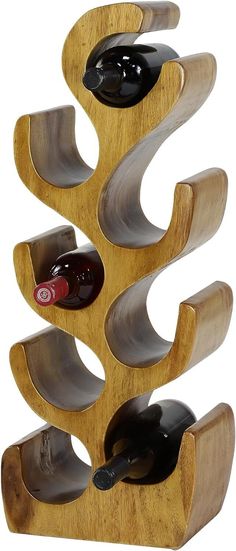 a wine rack made out of wood with bottles in the bottom and one on top