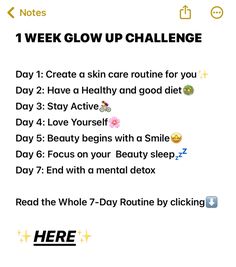 Simple and easy to understand 7 day glow up challenge for people who want to transform how they look and feel #glowupchallenge #beautycare glow up tips, glow up, glow up checklist, summer glow up, glow up challenge, glow up, spring beauty, summer beauty, date night beauty, beauty skin care routine, morning beauty routine, beauty routine tips, beauty tips, health and beauty tips, beauty tips for face, self care #followformore One Week Glow Up Challenge, One Month Challenge Glow Up, May Glow Up Challenge, Summer Glow Up, One Month Glow Up Challenge Self Care, Glow Up Tips Summer 2024, Glow Up Tips For Girls 10-15, Morning Beauty Routine, Post Workout Recovery