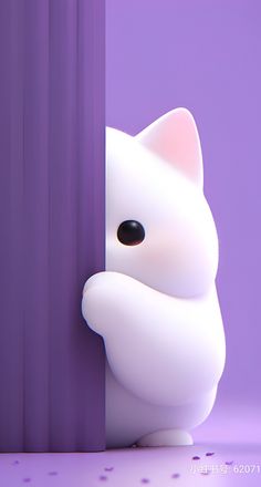 a white cat is peeking out from behind a purple wall