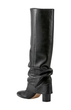 A slouchy foldover shaft brings everyday sophistication to a pointy-toe boot set on a just-right block heel. 3" heel 15" shaft; 14 1/4" calf circumference Pull-on style Leather upper/textile and synthetic lining/synthetic sole Imported Fitted Black Knee-high Boots With Sculpted Heel, Sleek Knee-high Boots With Sculpted Heel In Calf Leather, Black Knee-high Boots With Sculpted Heel, Black Knee-high Boots With Sculpted Heel And Wide Calf, Black Calf Leather Knee-high Boots With Sculpted Heel, Pointy Toe Boots, Marc Fisher, Fall Clothes, Knee High Boots