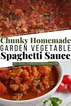 chunk homemade garden vegetable spaghetti sauce in a white bowl