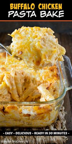 buffalo chicken pasta bake in a glass casserole dish