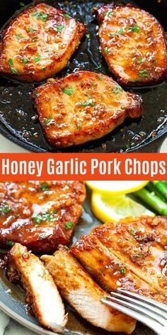 honey garlic pork chops in a skillet with lemon wedges