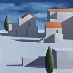 an abstract painting of houses and trees in the snow with blue sky behind them,