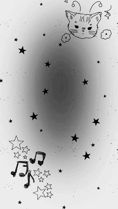 a black and white drawing of a cat flying through the air with stars around it