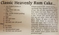 an old recipe book with instructions on how to bake the classic heavenly rum cake