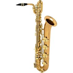 a gold saxophone is shown against a white background