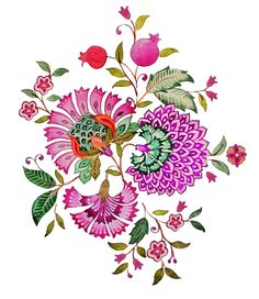 a drawing of flowers and leaves on a white background with pink, green, purple, and red colors