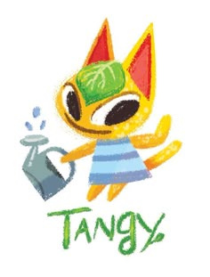 a drawing of a cat holding a watering can with the word tangy written below it