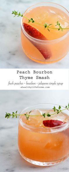 two glasses filled with peach punch and garnish