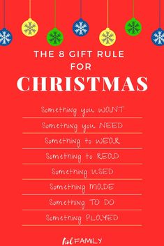 the 8 gift rules for christmas, with ornaments hanging from strings and snowflakes