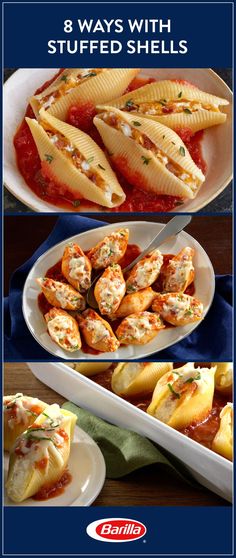 four different images of stuffed shells with sauce and cheese on the top, in front of them