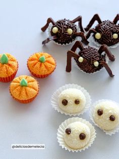 halloween cupcakes with chocolate spider decorations on them