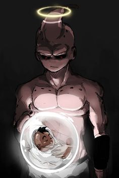 a man with an angel halo on his head holding a baby in the middle of it's stomach