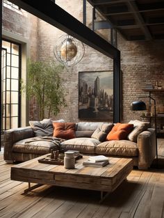 a living room with brick walls and wooden flooring is furnished with an l - shaped sectional sofa