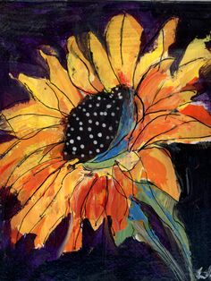 a painting of a sunflower with dots on it