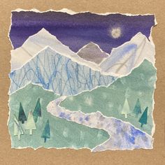 a piece of paper with trees and mountains painted on it in blue, green, and purple