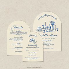 the wedding stationery is designed to look like it has been made with blue ink