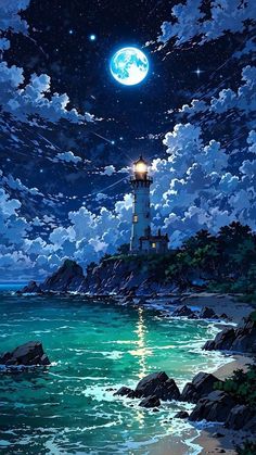 a painting of a lighthouse at night with the moon in the sky