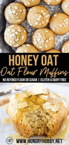 honey oat muffins with white frosting on top and the title overlay