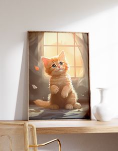 an orange cat sitting on top of a table next to a white vase and chair