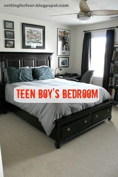 a bed room with a neatly made bed and a ceiling fan