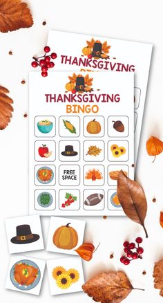 thanksgiving printables with leaves and pumpkins on the table next to each other