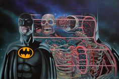 a painting of batman and skeleton in the background