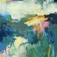 an abstract painting with blue, green and yellow colors